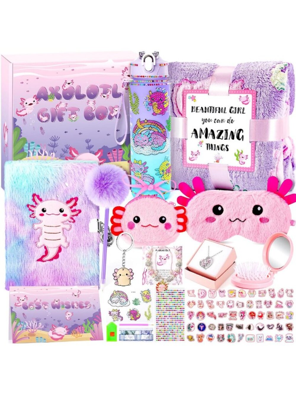 13PCS Axolotl Gift Set for Girls Ages 3-10 - Plush Diary, Glowing Blanket
